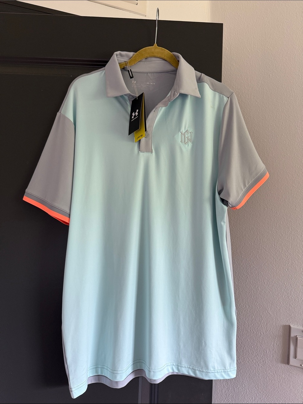 NWT Under Armour Men’s Mint Green Polo with Gray Panels and Coral Accent